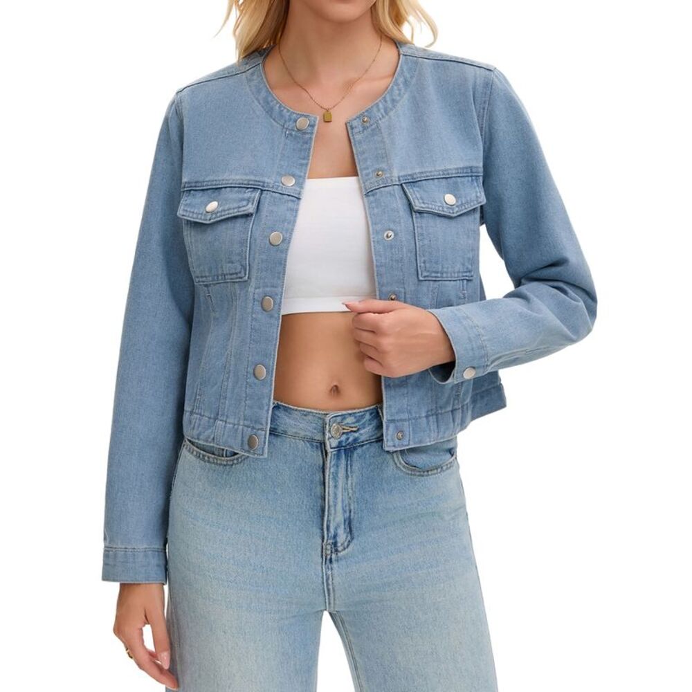 Womens Collarless Jean Jacket Long Sleeve Denim Jackets Light Blue